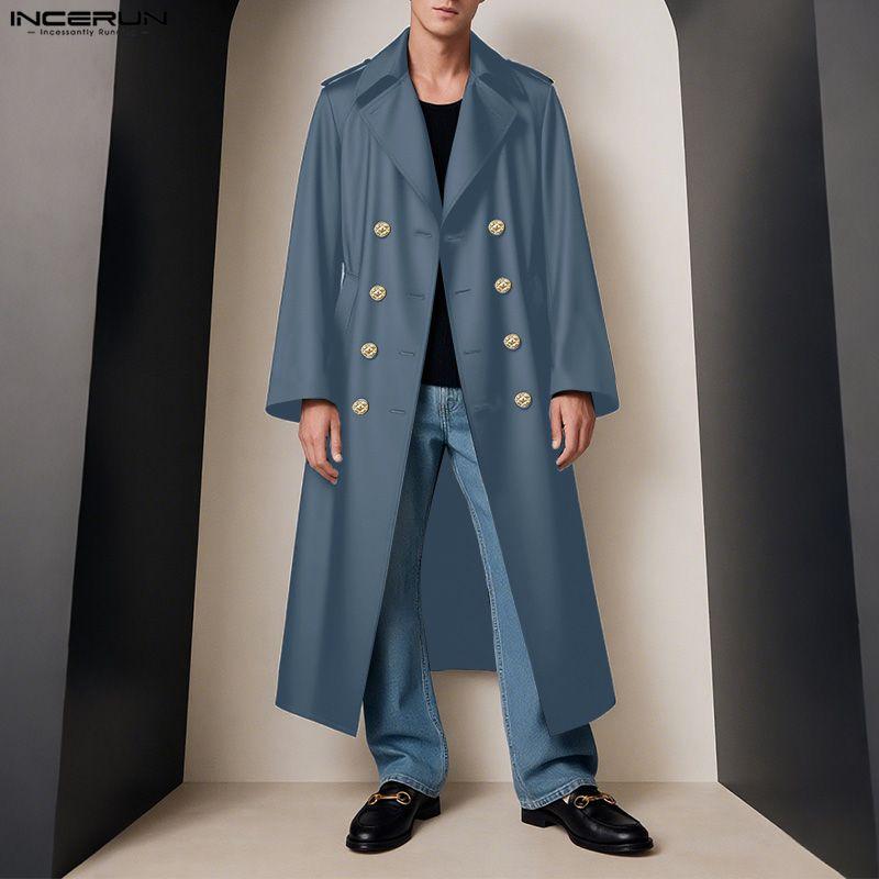 INCERUN Herbst Herren Zweireihiger Langarm Windbreaker Langer Übermantel Mäntel