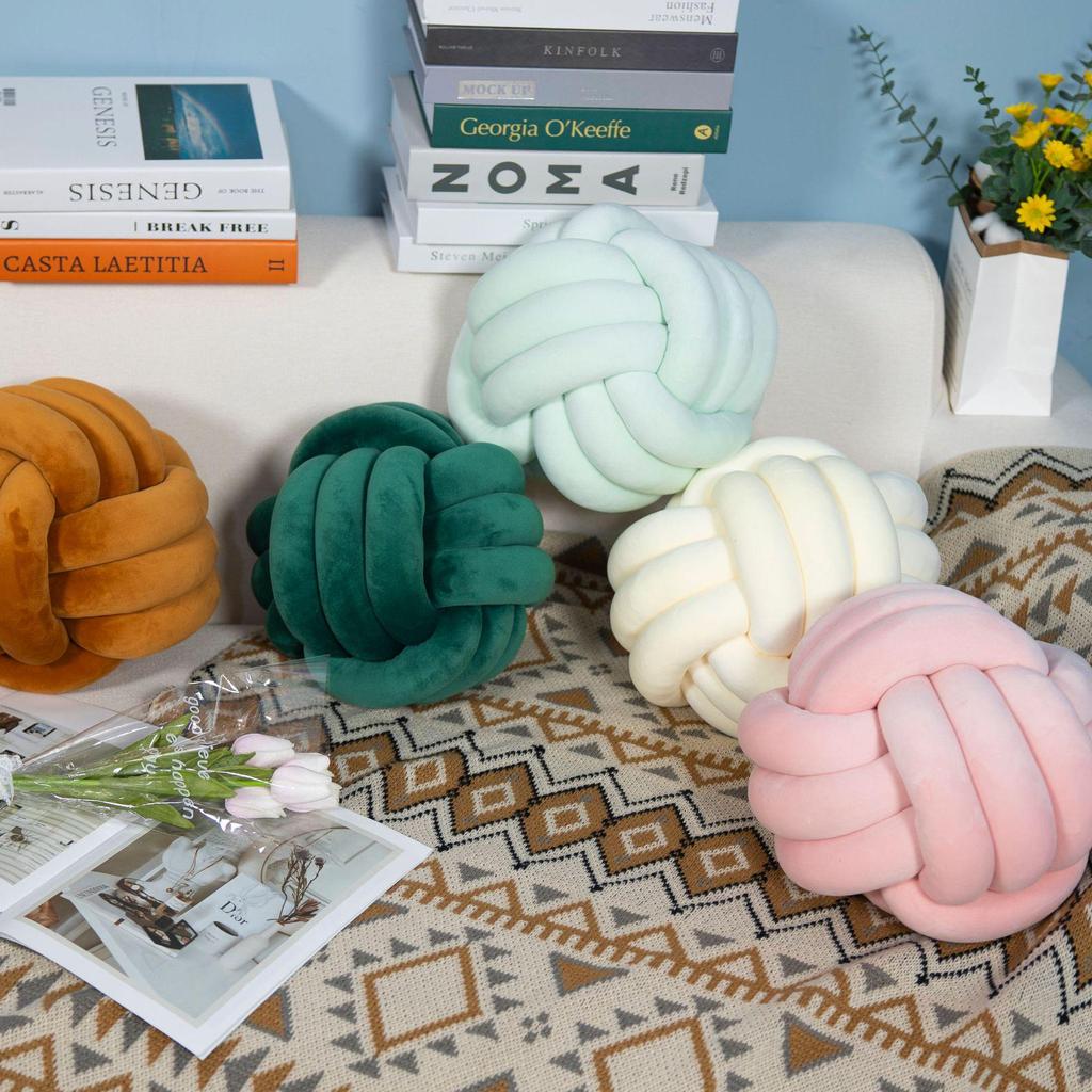 Nordic Three-Strand Knotted Ball Pillow – Handwoven Crystal Velvet Cushion