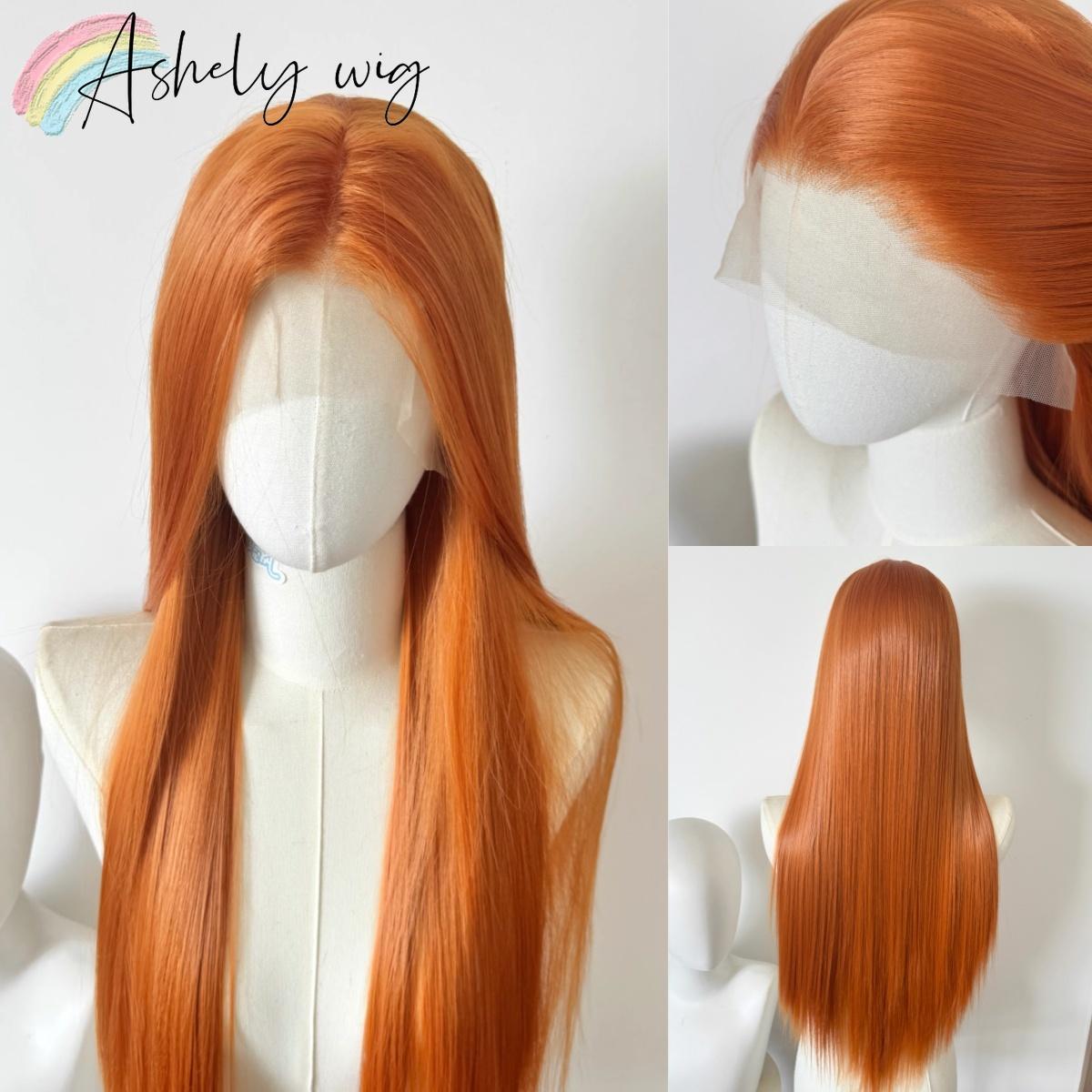 

Orange Synthetic Lace Front Wig Long Straight Hair High Temperature Fibers Natural Looking Synthetic Wig High Quality Cosplay (as the picture,26inches&150%&1pc)