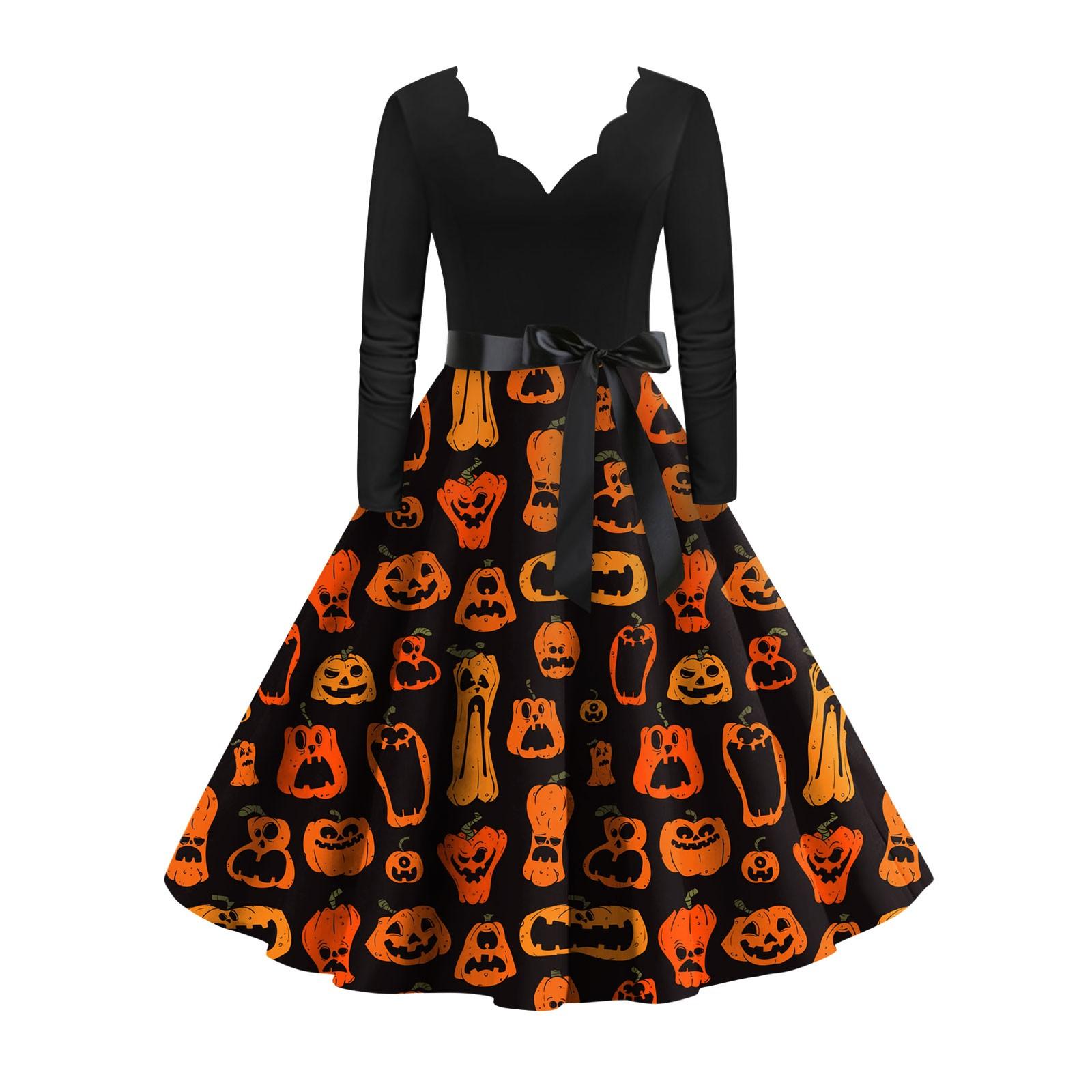 

Женское винтажное классическое платье с длинным рукавом и v-образным вырезом с принтом на Хэллоуин, свободное платье XL жёлтый