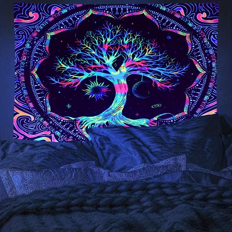 Tree of Life Blacklight Print Tapestry, Edgy Bedroom & Meditation Room Background Decoration Tapestry 100X70CM