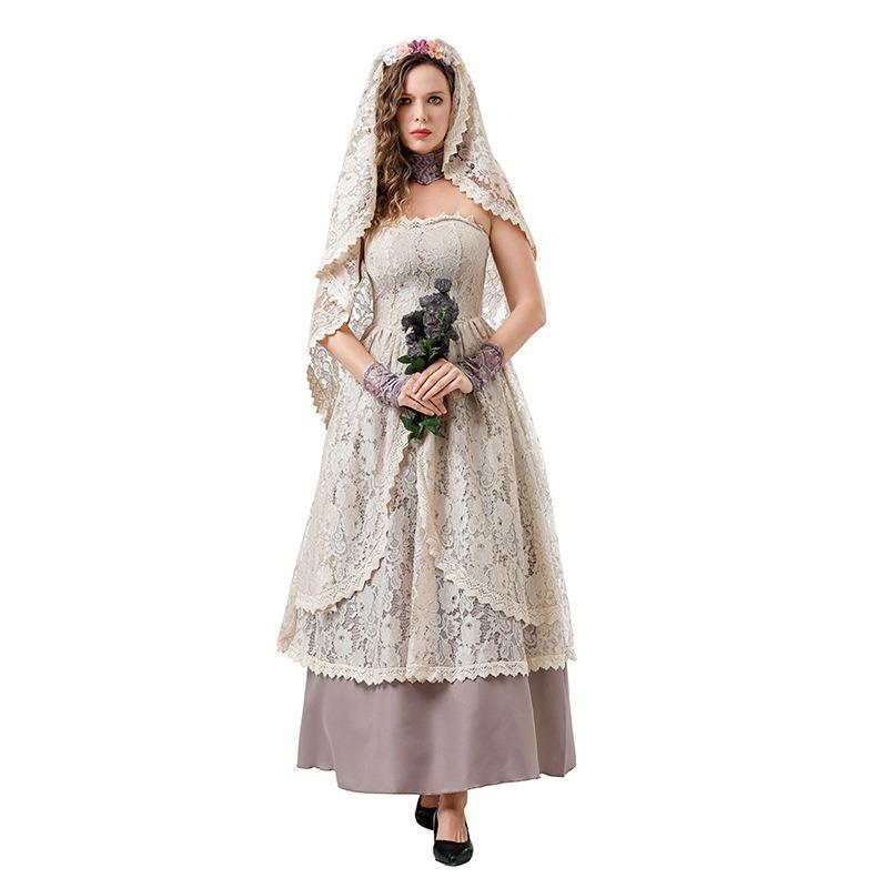 New Halloween Costume Lace Dress Robe Headscarf Ghost Bride Show Costume Tube Top