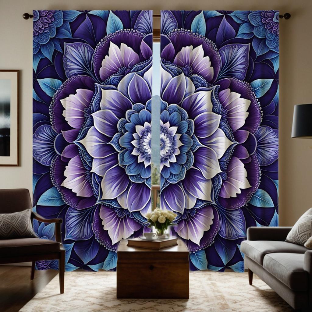 2pcs HD Mandala Flower Decorative Curtain Purple Tie Digital Printed Curtain Home Decoration Style Decoration Living Room Bed