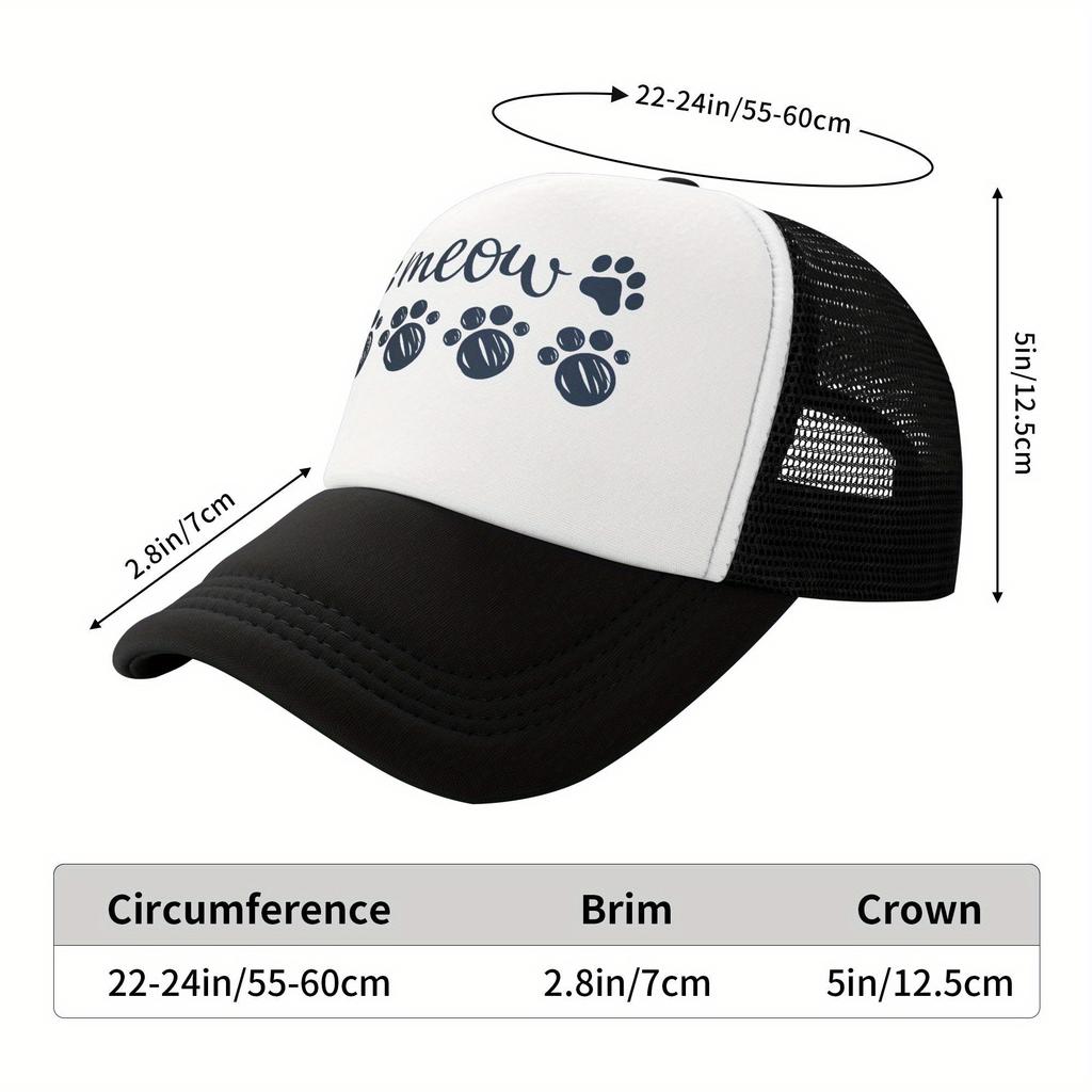 Meow Paw Print Trucker Hat Cat Lover Casual Polyester Mesh Baseball Cap Unisex Summer