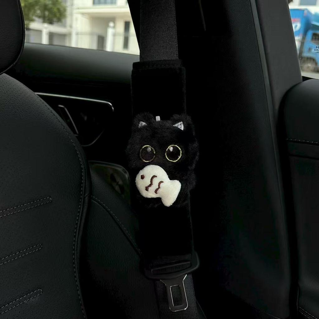 1PC Black Cat & Fish Decor Car Shoulder Pad Cover Fashionable Elegant Design Comfort Enhancer Fits Most Vehicles