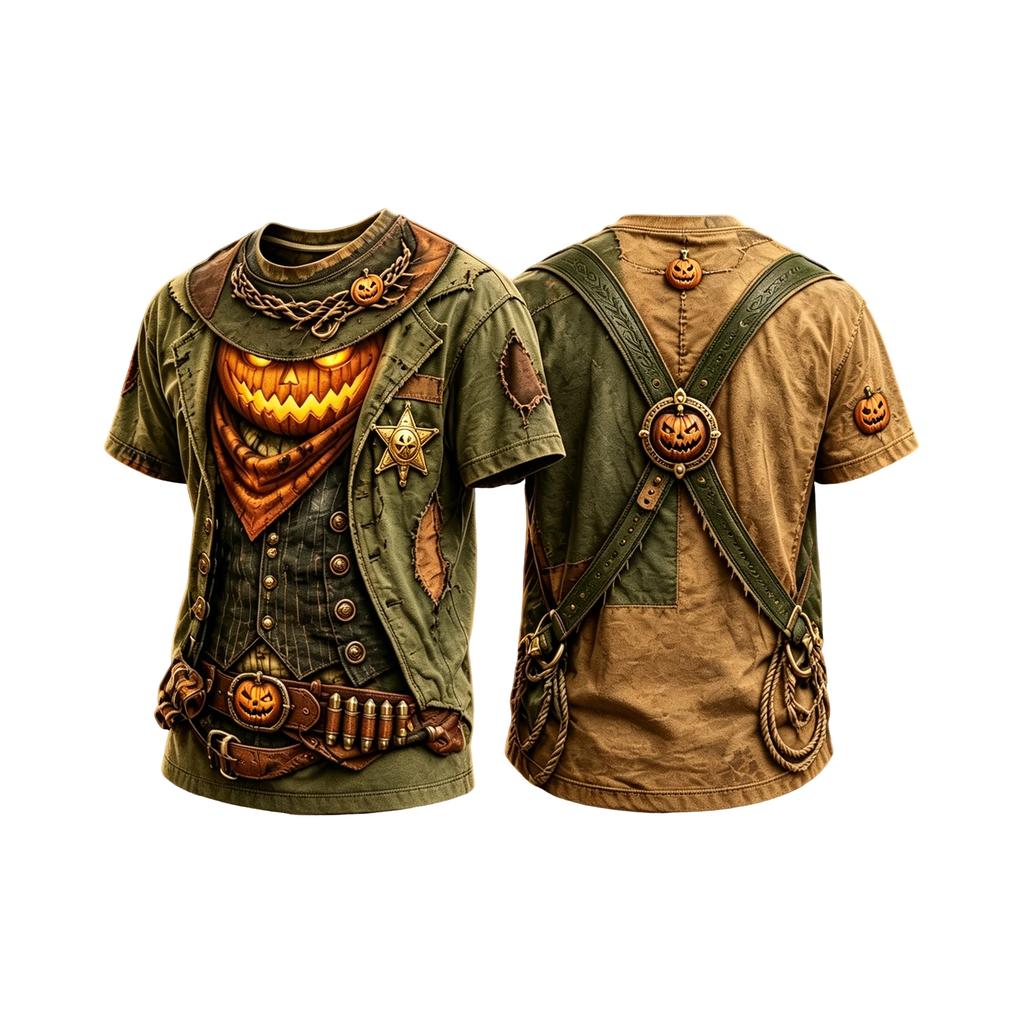 Halloween T-Shirt with Western Sheriff Pumpkin Print - Short Sleeve Casual Tee for Men and Women
