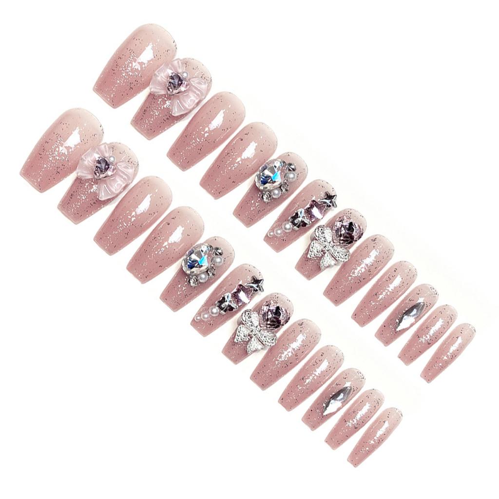 Pink Fake Nails with Full Flash Glitter Decor Charming Comfortable To Wear Manicure Nails for Daily and Parties Wearing