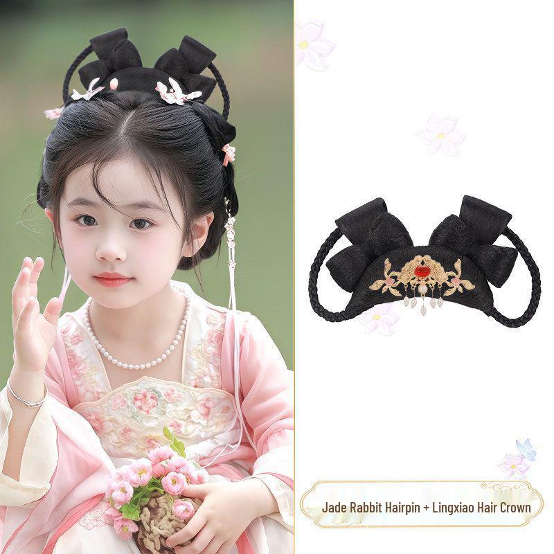 Jade Rabbit Hanfu Wig: Children's Ancient Style Tang Dynasty Updo with Hair Padding and Bun Headdress