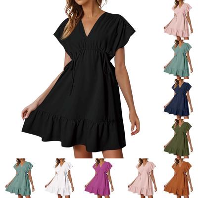Damen Sommerkleid, kurzärmelig, V-Ausschnitt, Kordelzug, lässig, Rüschen, A-Linie, Swing-Kleid