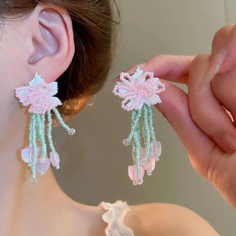Silver needle chiffon flower fringed stud earrings sweet Mori dopamine earrings niche trend versatile earrings fashion women