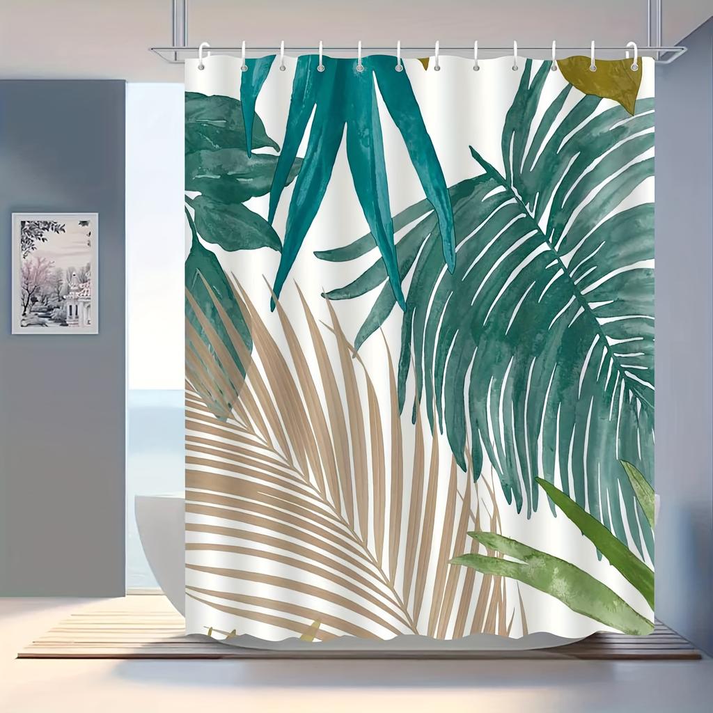 1 Piece Of Elegant Tropical Leaf Shower Curtain, Polyester Fabric, Machine Washable, Suitable For Bathroom Decoration