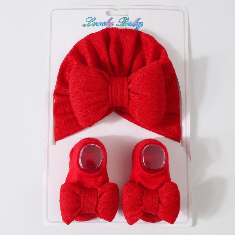 Newborn Knitted Cotton-filled Big Bow + Knitted Socks Set Baby Hat Headscarf Hat Wind