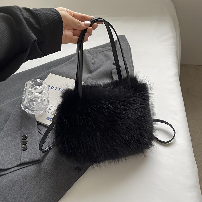 Ultra-Soft faux fur Winter Warm Handbag with Detachable Strap Solid Color Versatile Handbag for Everyday Use, Purse