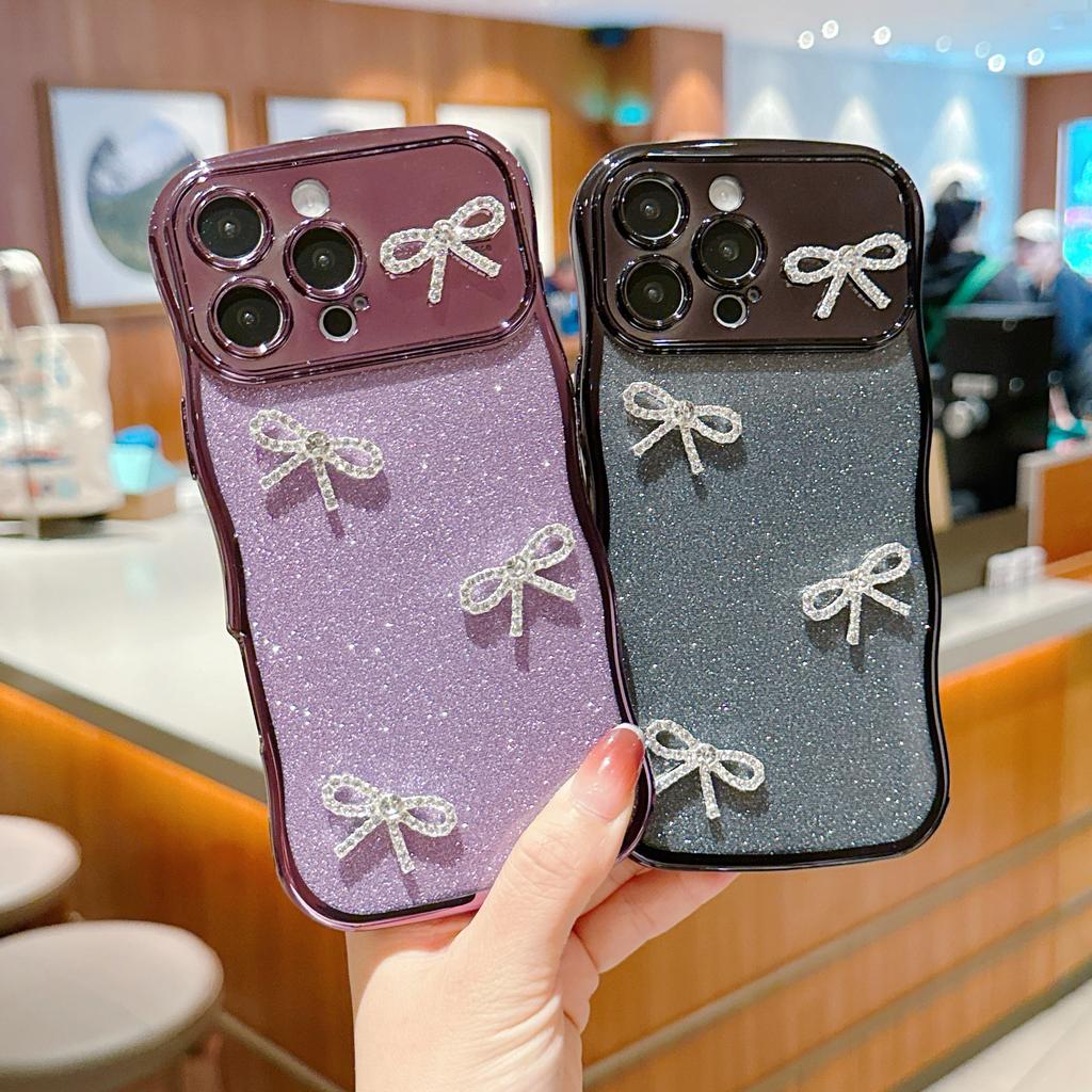 Pro iPhone 16 Pro Pouzdro Galvanizovaný Vlnitý Rám Třpytivé TPU Kryt na Telefon s Kamínkovou Mašlí Dekor