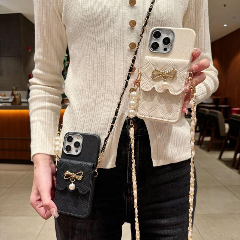 European and American Style for OPPO Reno13 Mobile Phone Case Luxury Pearl Pendant Card Bag A78 Crossbody Strap Leather Pattern