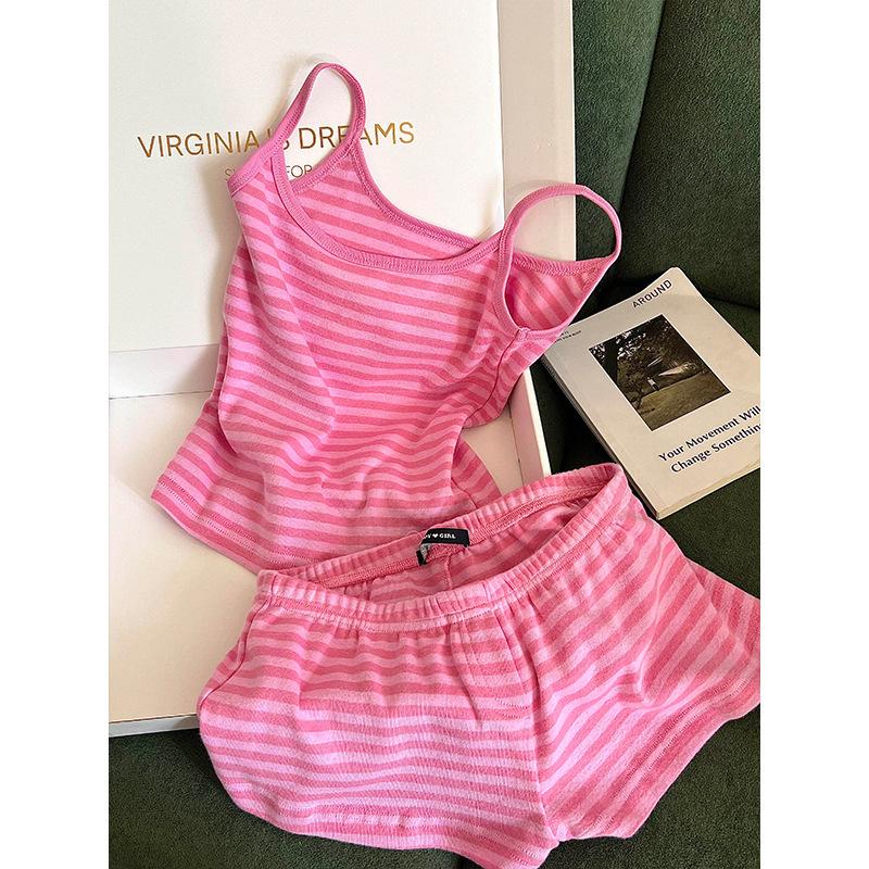 Dulces pijamas de rayas rosas y blancas estilo niña para mujer, verano, tirantes, pantalones cortos, traje fino y delgado para estar en casa, ropa exterior