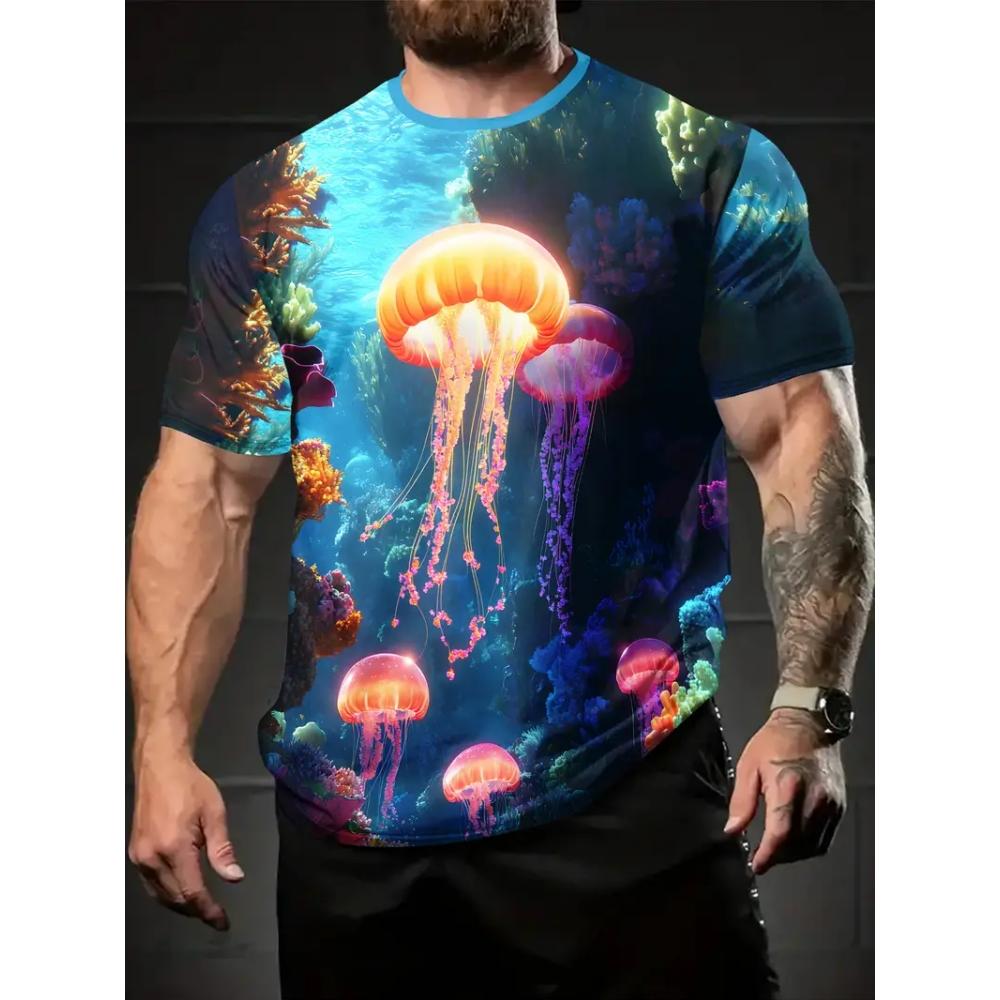 Underwater World Men's T-Shirt Realistic Sea Creatures 3D Print Short Sleeve Fashion Casual Travel Men's Loose O-Neck Breathable T-Shirts