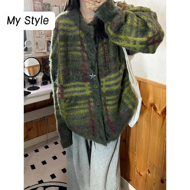 

Осенний новый американский свободный шикарный вязаный свитер в стиле ретро, ​​женский высококачественный повседневный свитер из мохера, кардиган