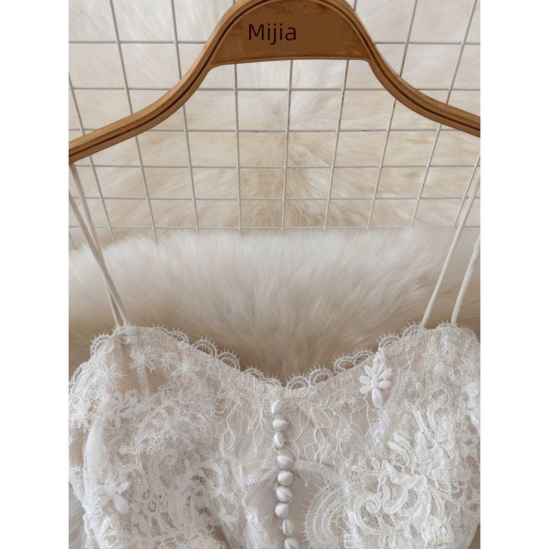 White Lace Feather Slip Dress Summer Fairy Heavy Work V Neck Elegant Birthday Dress Sexy Pure Dress