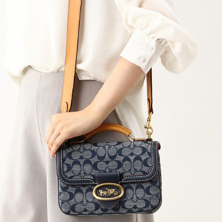 Coach Riley Floral Print Canvas And Leather Pillow Bag Women Handbags Denim-Blue 3630-B4RA3