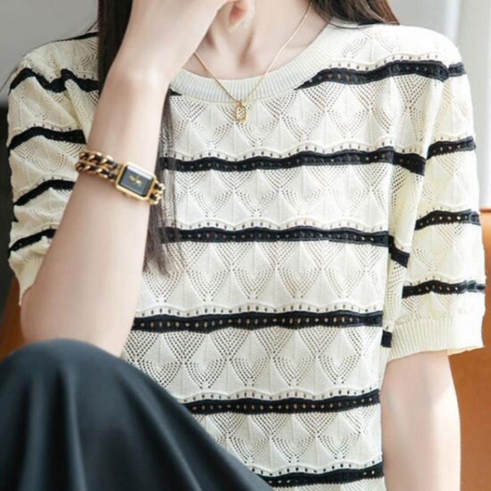 Navava Women Summer Stripe Punching Round Neck Short Sleeve Knit Tee Nk3714
