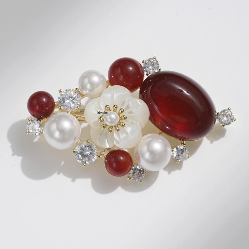 Bo Xin Yun Elegant Chinese-Style Plum Blossom Pearl  Red Agate Brooch