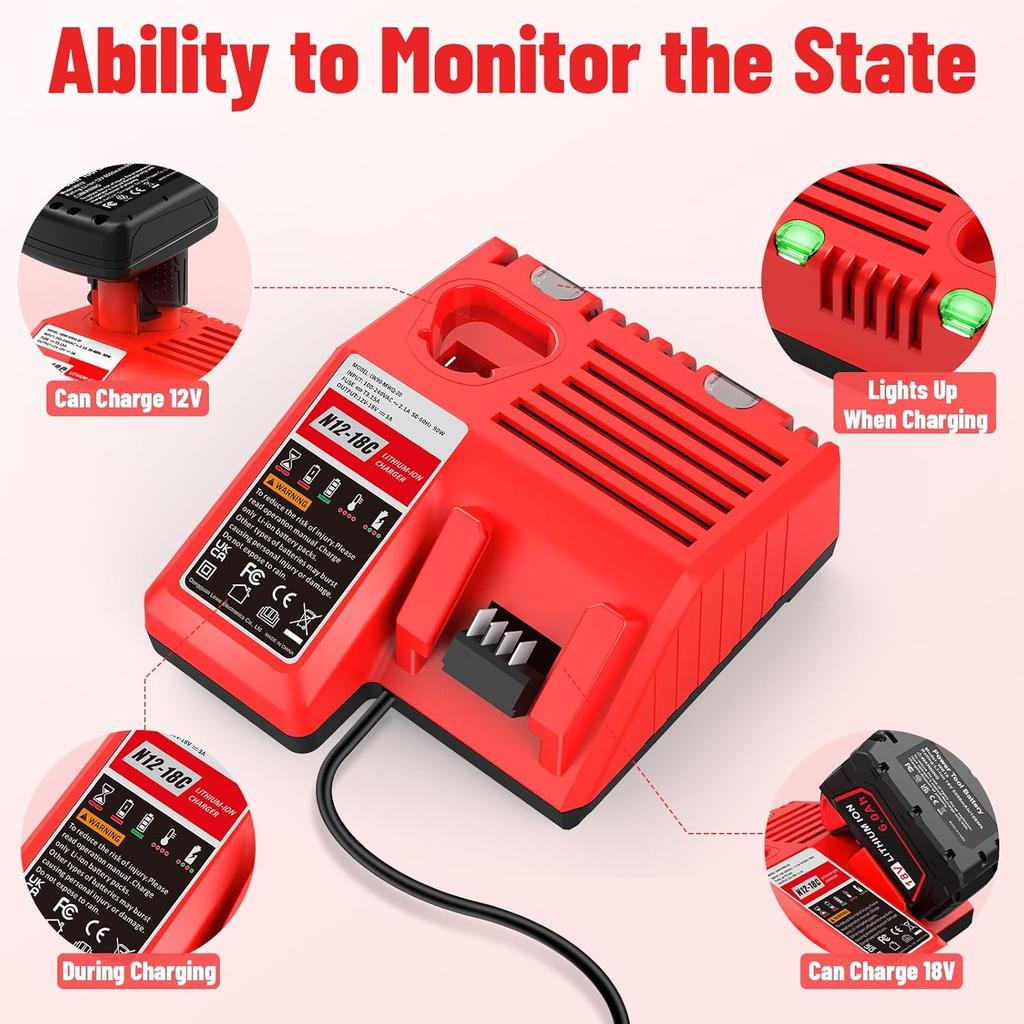 Multil Volatage Rapid Battery Charger - Replacement for Milwaukee 12v 18v Power Tool Lithium Battery 48-11-2412 48-11-2401 48-11-2440 48-11-1862