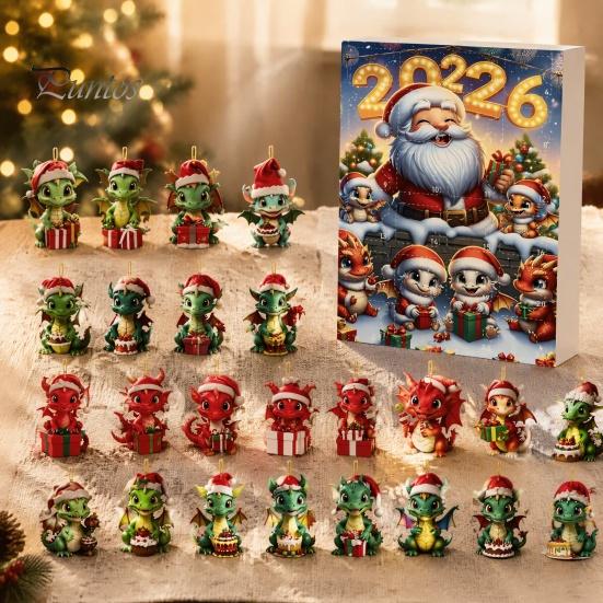 Unique Christmas Souvenirs Dragon Advent Calendars 2026, 24 Days Countdown Calendar with 2D Acrylic Ornaments, Collectible Figures for Tree Home Decor