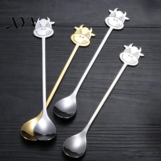 Long Handle Spoon Stainless Steel Coffee Spoon, with Bull Head Decor, Pudding Dessert Multifunctional Stirring for Milk Tea Yogurt Jam Rust Resistant