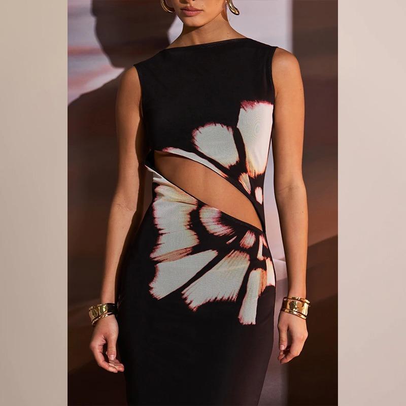 Women's Retro Printed Sleeveless Hollow Out Sexy Slim Splicing Dresses