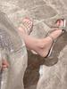 Women's Rhinestone Strap French Mid-Heel Slippers, 2026 Summer Collection, Transparent Square Toe, Crystal Chunky Heel.