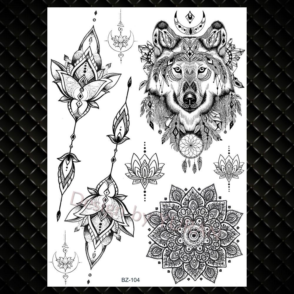 Black Women Forest Boho Wolf Lion Totem Tattoos Stickers Girls Henna Mandala Floral Fake Tatto Temporary Lotus Custom Arm Tattoo