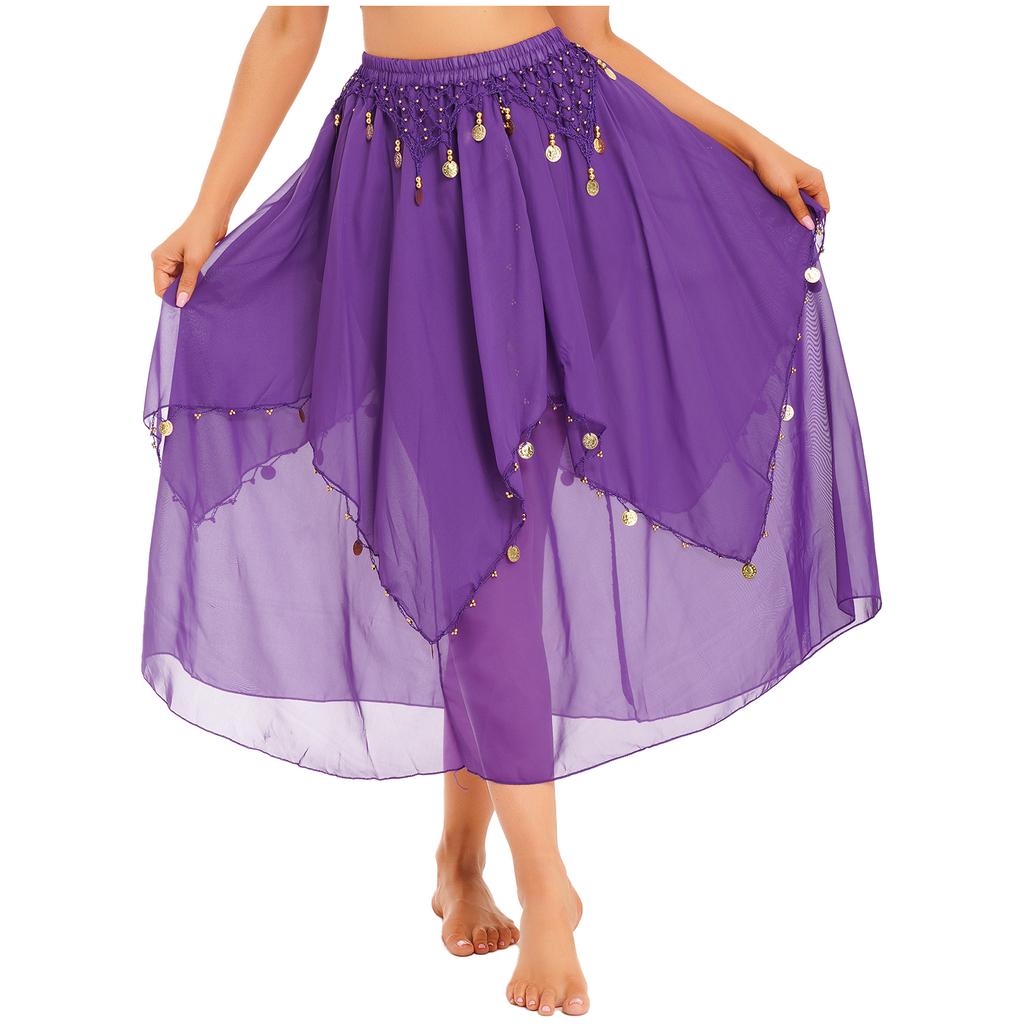 Ladies Sequin Beaded Belly Dance Skirt Chiffon Fabric Elastic Waistband Performance Costume Practice Dancewear