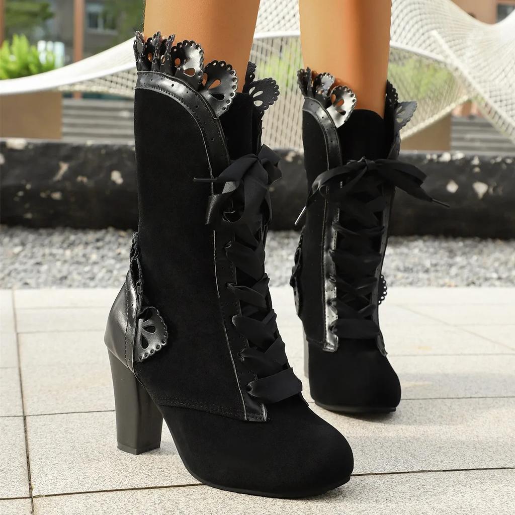 Winter High-Heel Lace Women's Leather Boots Fashionable Sharp Head Shape Velvet Boot Tube Material PU Leather Cat Pattern