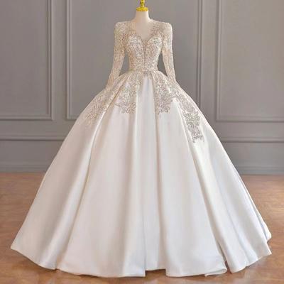 Satin Wedding Gown Main Bridal Dress Premium French Long Sleeve Small Tail Heavy Duty Retro Super Slim Mesh Dress