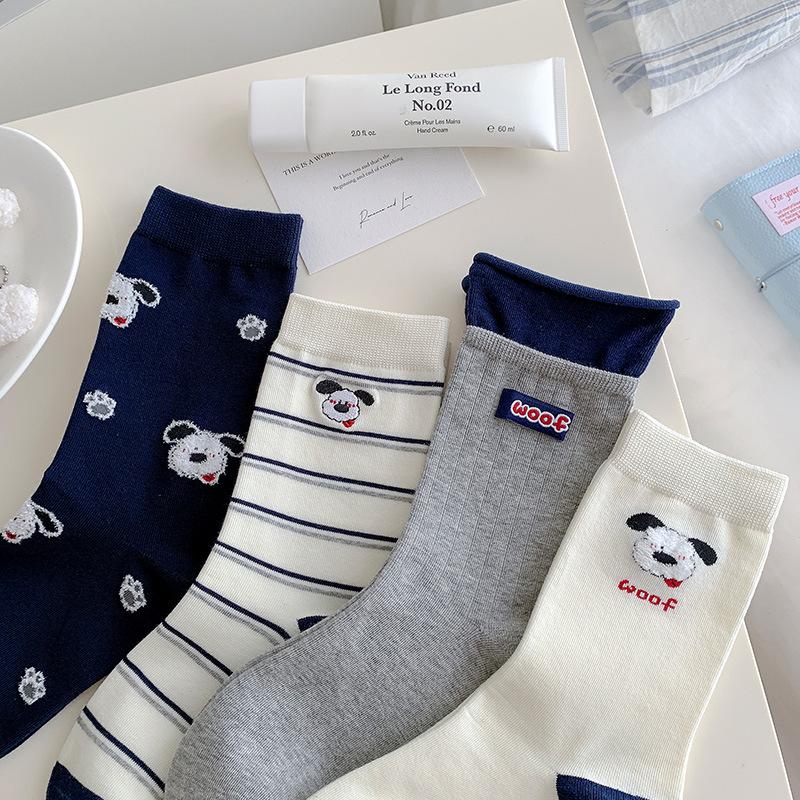 Female Spring and Autumn Cloth Logo Cute Cartoon Puppy Striped Curled College Wind Tube Pile Socks