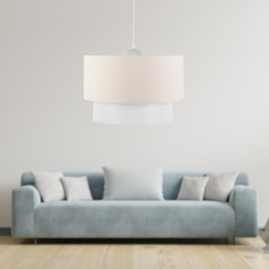 Art Beyaz Metal Gövdeli Üçlü Avize ve Abajur Seti Krem Kumaş