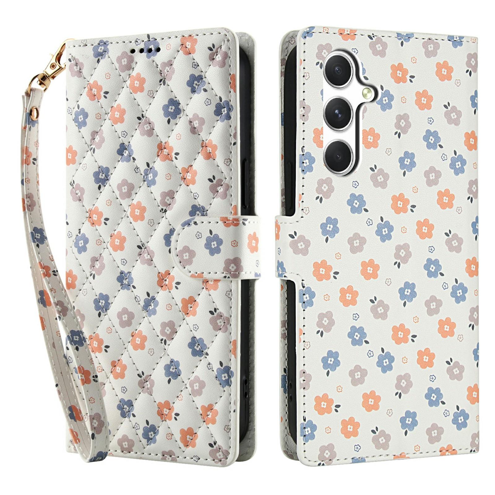

For Samsung Galaxy A25 5G (Global) (161.0 x 76.5 x 8.3mm) Wallet Case Rhombic Floral Design Leather Flip Phone Cover with Strap D