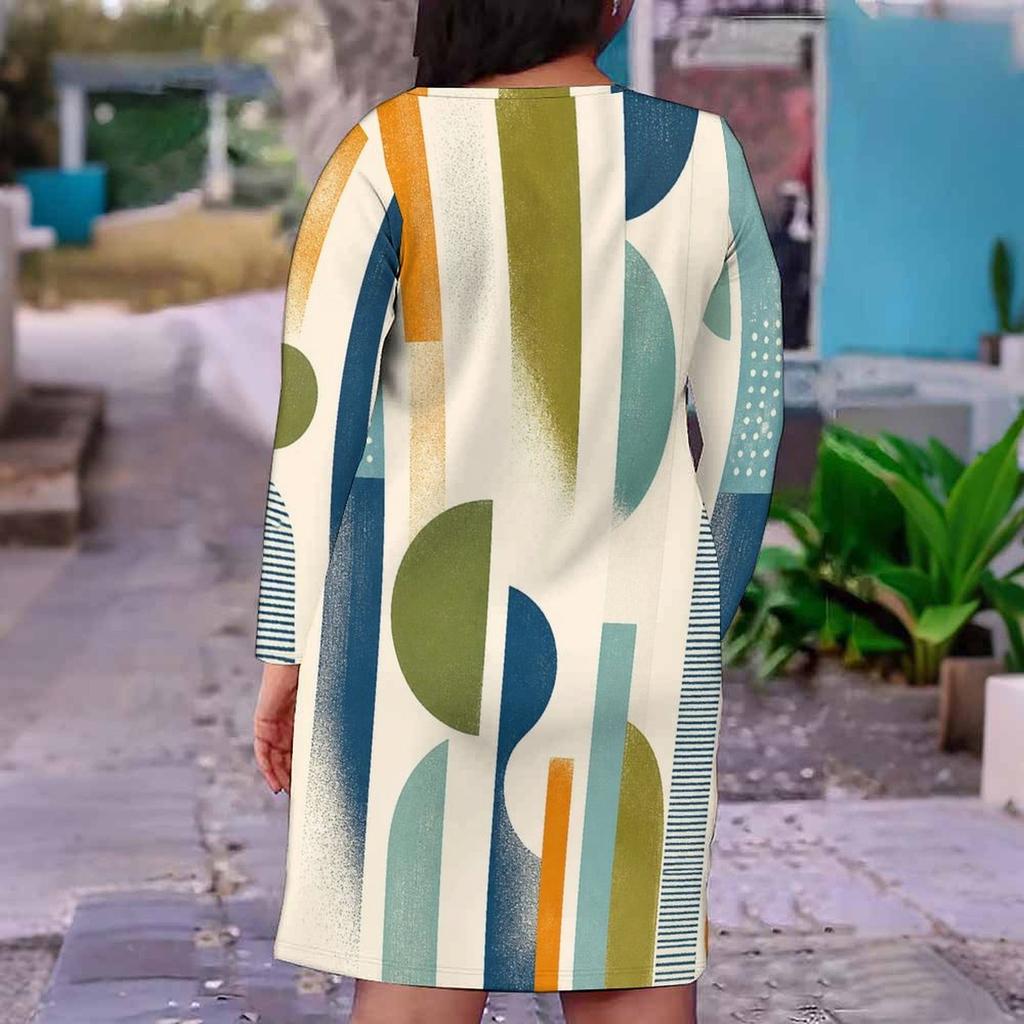 Damen Übergröße V-Ausschnitt Langarm Geometrisch Bedrucktes Figurbetontes Midi-Kleid
