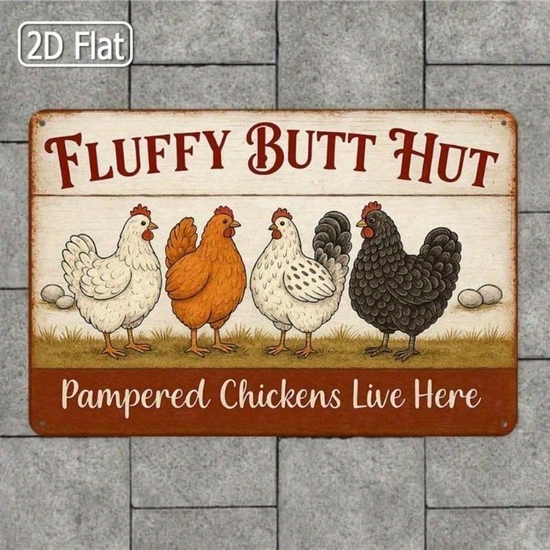 CocoButt Hut Funny Chicken Tin Sign Vintage Metal Wall Decor 8x12 Inches, Farmhouse Kitchen Rustic Country Wall Art, Fluffy Butt