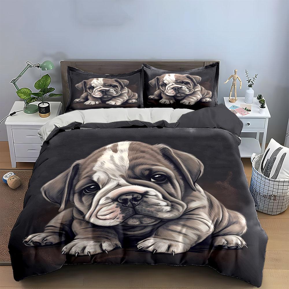 Adorable Bulldog Puppy Print Bedding Duvet Cover Set (1*Duvet Cover 2*Pillowcases, without duvet insert)