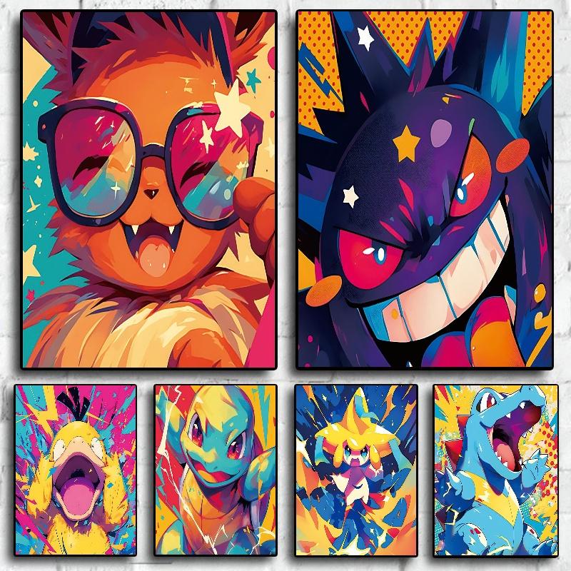 Pokemon Home Decoration Canvas Painting HD Anime Colorful Poster Figure Squirtle Gengar Pikachu Charmander Wall Art Picture Gift
