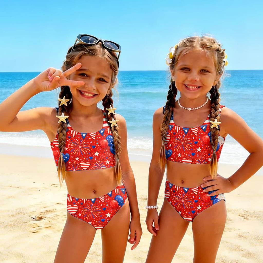 Girls Two Piece Swimsuit Set Summer Tankini Top and High Waist Bottoms Floral Print Lightweight Swimwear for Kids Beach Pool