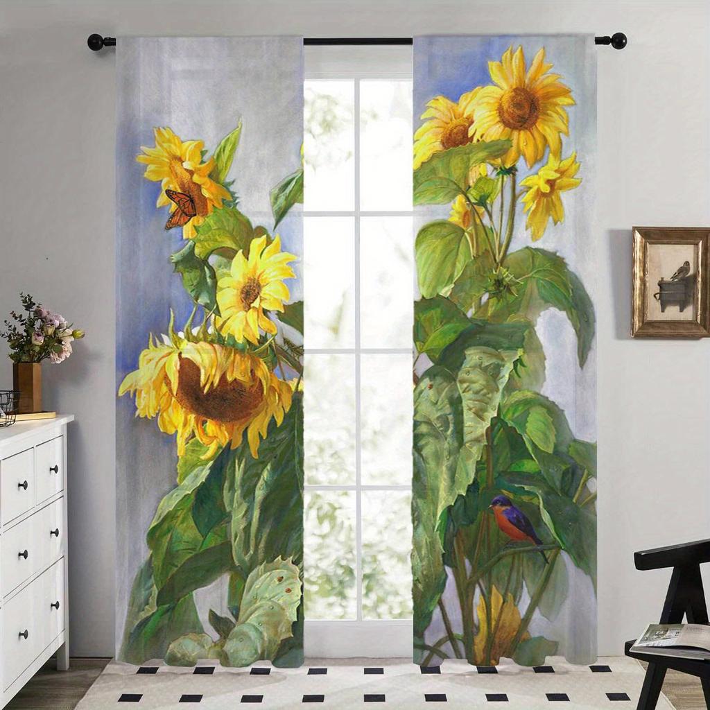 Glamourozowe zasłony okienne z nadrukiem słoneczników do salonu i sypialni - Kieszeń na karnisz Półprzezroczyste w stylu vintage Dekoracja domu