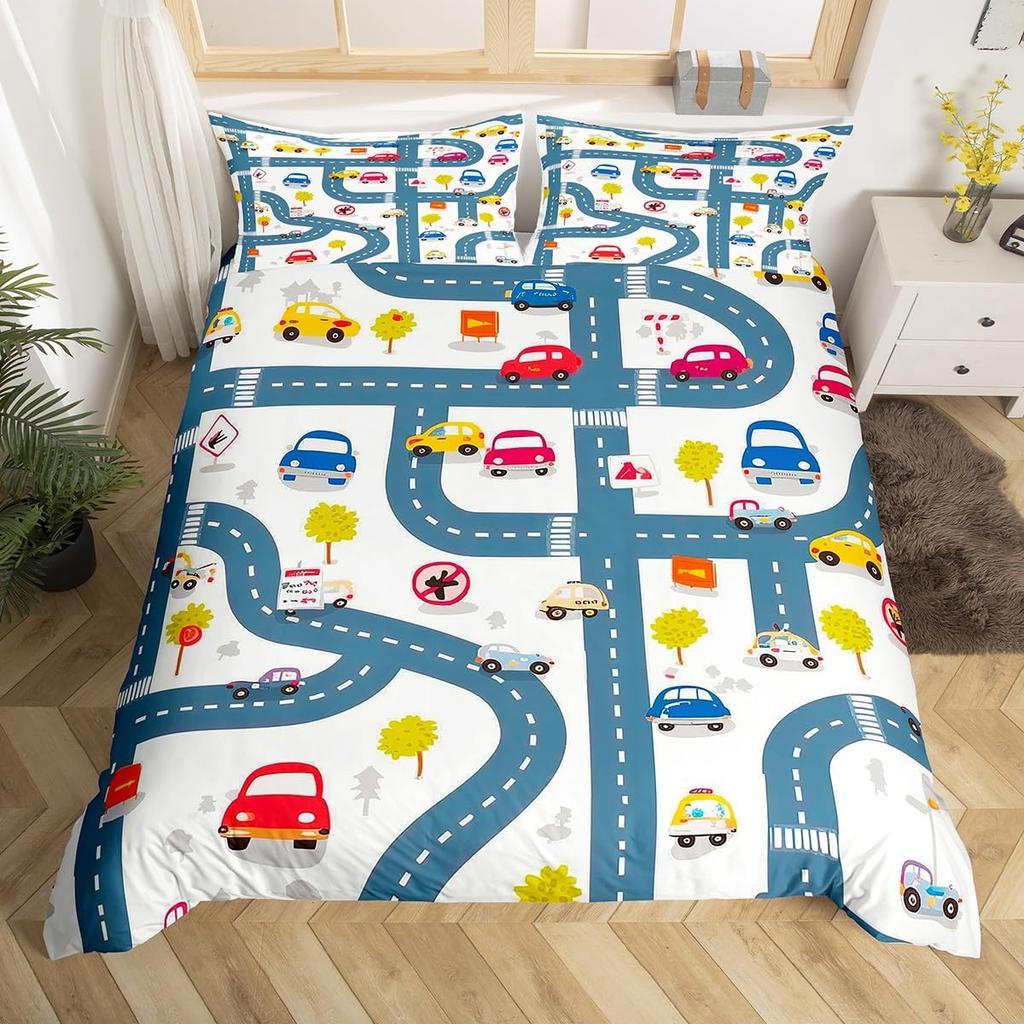 Comforter Cartoon Truck Twin City Landscape Bedding Set Hand Drawn Cartoon Vehicles City Map Railway Train Comforter
