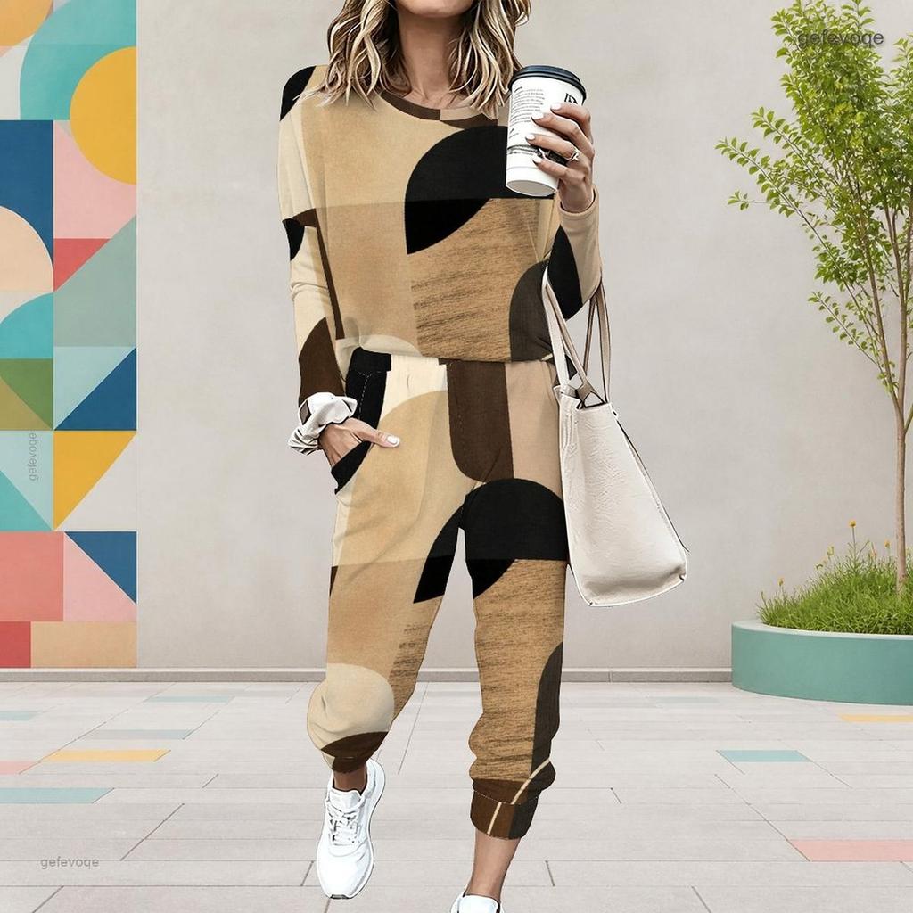 Women Plus Size Geometric Printed Round Neck Long Sleeve Cuffed Top And Pants Two Piece Set