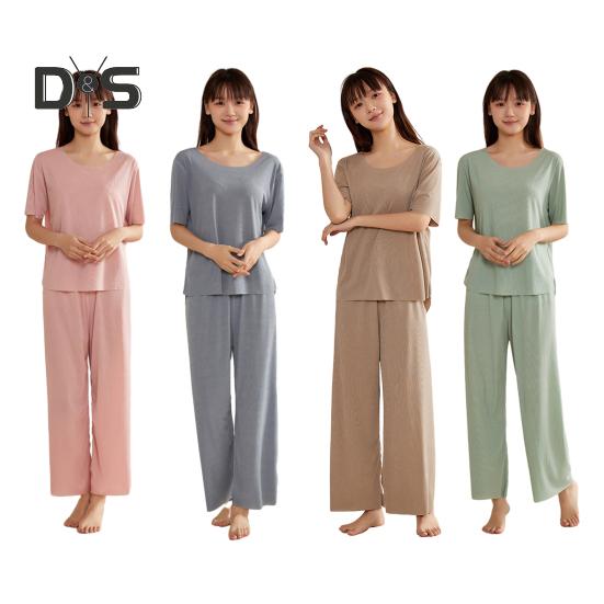 Women's Ice Silk Pajamas Set Short Sleeved Top Wide Leg Pants Sleepwear Set Summer Ultra Thin Two Piece Lounge Nightwear