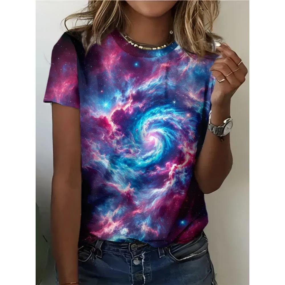Ladies Fashionable Comfortable Printed T-shirt Colorful Starry Sky Patterns Loose Breathable Large Size Short Sleeved T-shirt