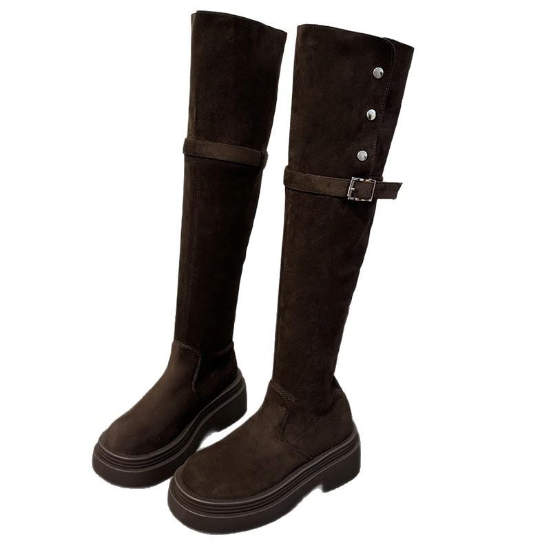 Zwei tragen gefaltete Stiefel mit dicker Sohle für Kinder, neue Kniehohe Ritterstiefel mit dickem Absatz im Herbst und Winter 2025, Frühling und Herbst