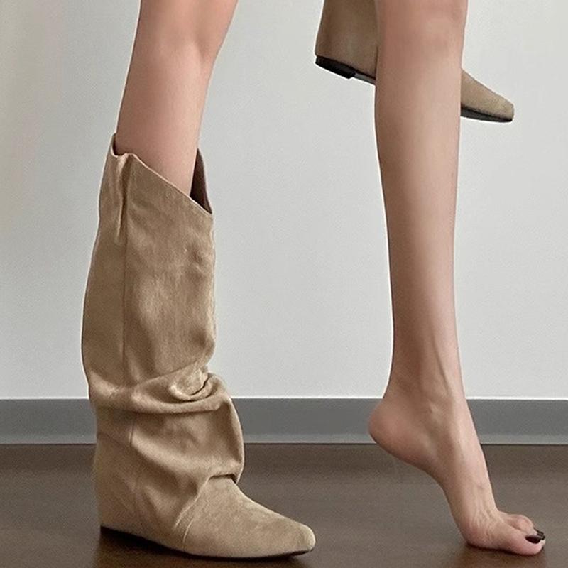 Fashion Autumn Winter Pleated Women Western Cowboy Boots Internal Elevation Knight Booties Zapatos De Mujer